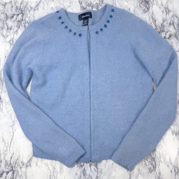 Vintage Y2K Blue Angora Cardigan Size M Floral Embroidery Fuzzy Coquette Preppy - Picture 1 of 7